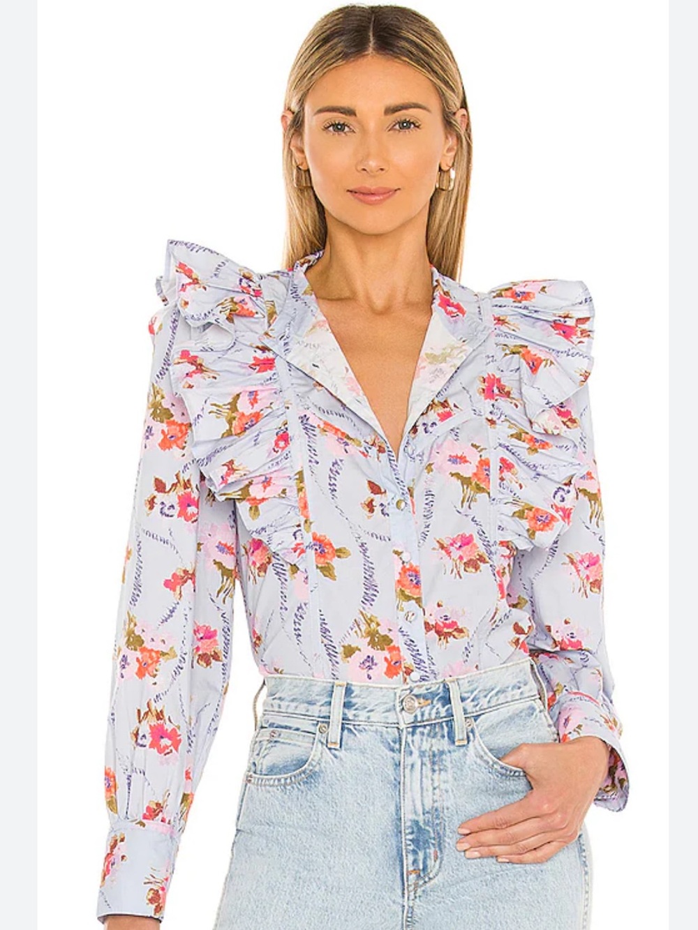 LoveShackFancy Beatrix Top in Lavender Moon Floral Ruffle Blouse